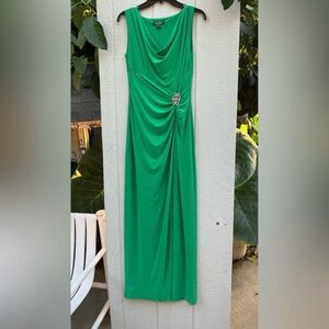 Ralph Lauren Evening gown green ruched brooch cowl neckline